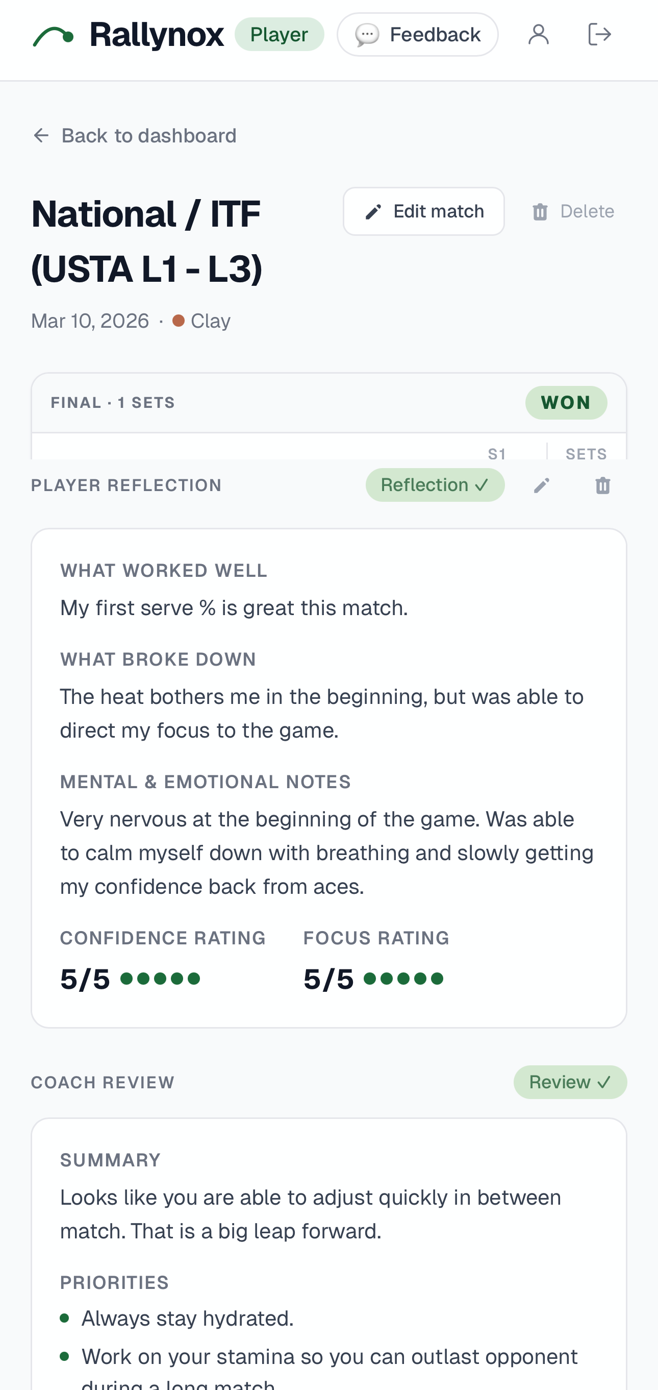 Player reflection screen with confidence and focus ratings