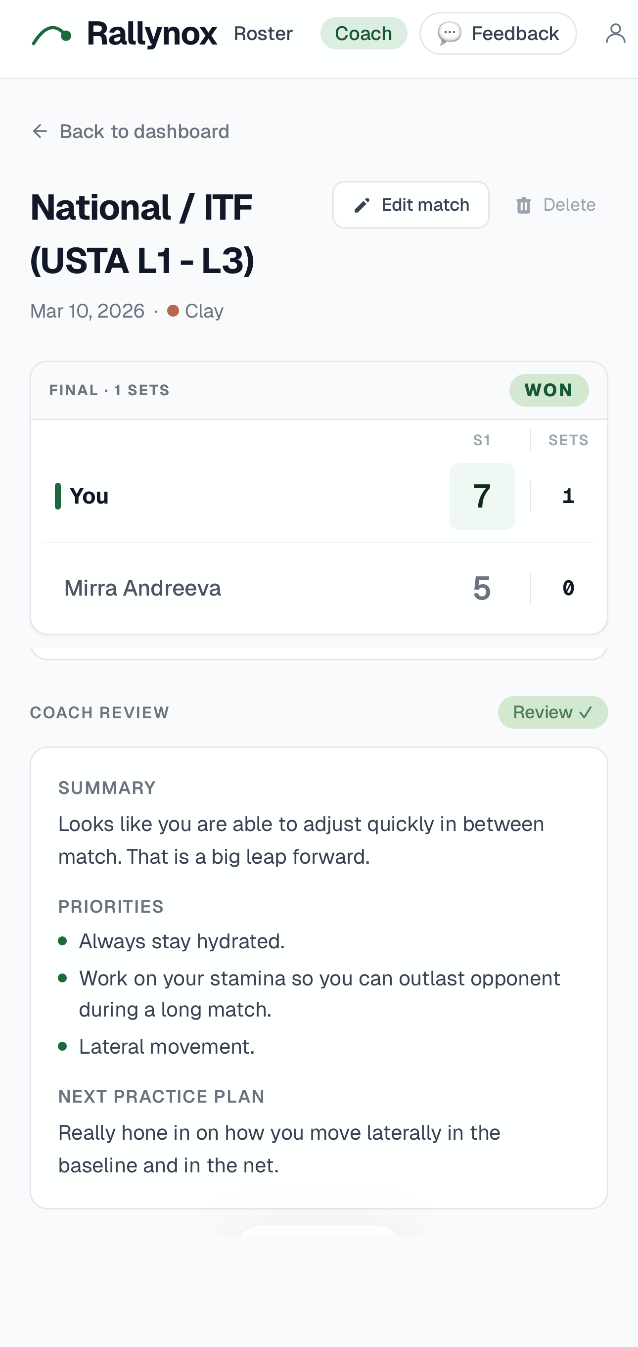 Coach review with summary, priorities, and next practice plan